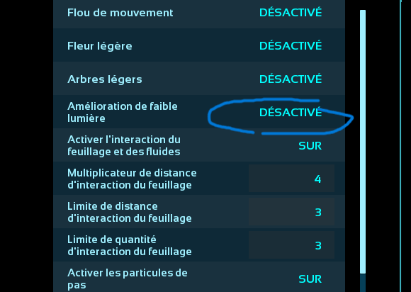 Menu ASA : Amélioration de faible lumière désactivée, option entourée en bleu